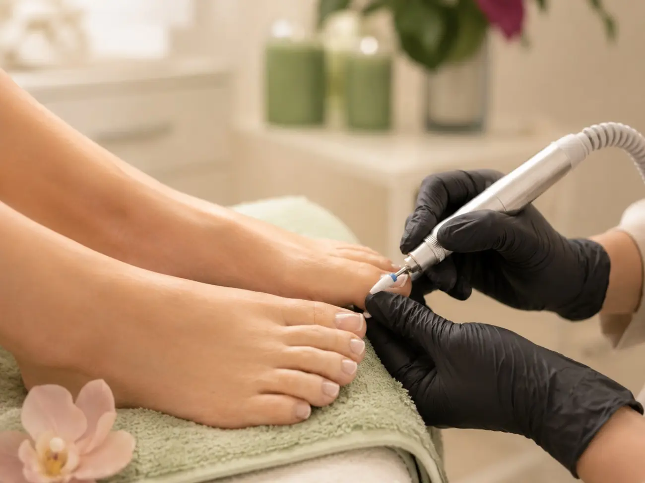 Fußpflege mit schwarzen Handschuhen